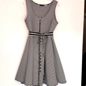 Fit n Flare Circle Dress Nautica Full Zip Self Belt Black White Stripe